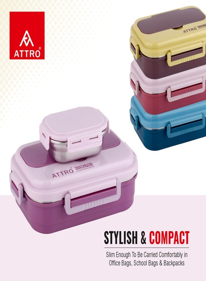 ATTRO علبة غداء معزولة من ATTRO SnackPro مع حاوية صغيرة وشوكة وملعقة | داخلية من الفولاذ المقاوم للصدأ | مصنوعة من مواد آمنة غذائيًا وخالية من مادة BPA | مثالية للمدرسة والمكتب والأنشطة الخارجية | 800 مل + 250 مل | وردي بنفسجي - Image 4